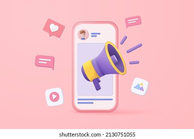 3d megaphone speaker or loudspeaker bullhorn for announce promotion, megaphone loudhailer with 3d mobile and social media, speakerphone 3d vector render for news alert and announcement