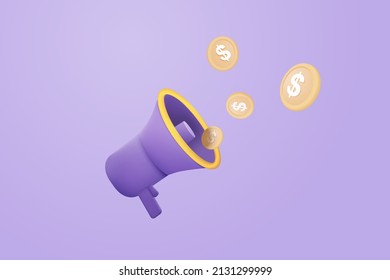 3d Megaphone Speaker Or Loudspeaker Bullhorn For Announce Promotion, Megaphone Voice With Money Coin Dollar, Speakerphone 3d Vector Render For Alert And Announcement On Background. 3d Voice For Money