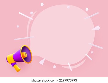 3d megaphone speaker or loudspeaker bullhorn for announce promotion with message bubble. Megaphone 3d loud hailer mockup. Vector illustration.