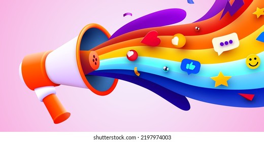 3d megaphone speaker or loudspeaker bullhorn for announce promotion with colorful elements. Megaphone 3d loud hailer mockup. Vector illustration.