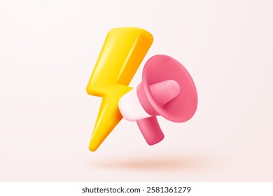 3d megaphone speaker or loudspeaker bullhorn for announce promotion in background, megaphone loud hailer with microphone, speakerphone 3d icon vector render illustration for alert and announcement 