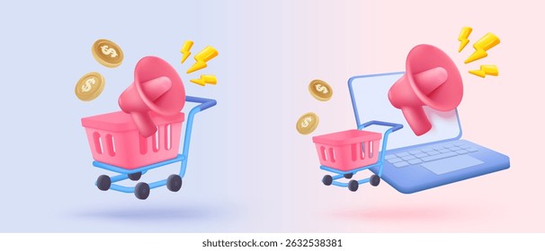 3d megaphone speaker or loudspeaker bullhorn for announce promotion, megaphone loudhailer with laptop in social media, speakerphone 3d notebook vector icon render illustrator for alert announcement