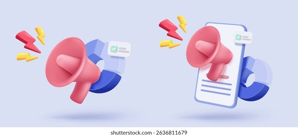 3d megaphone speaker or loudspeaker bullhorn for announce promotion, megaphone loudhailer with mobile phone in social media, speakerphone 3d icon vector render for alert and announcement on background