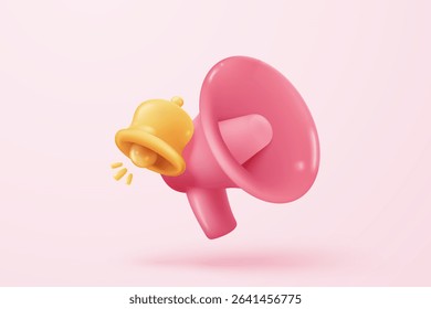 3d megaphone speaker or loudspeaker bullhorn for announce promotion in background, megaphone loud hailer with microphone, speakerphone 3d icon vector render illustration for alert and announcement 