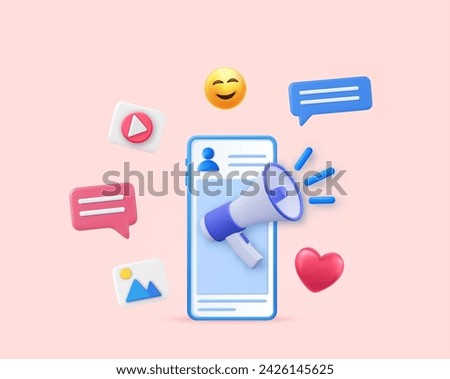 3d megaphone speaker or loudspeaker bullhorn for announce promotion, megaphone loudhailer with mobile and social media, speakerphone. news alert and announcement. 3d rendering. Vector illustration