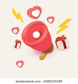 3d megaphone speaker and phone shopping promotion romantic valentine composition. Valentine's Day decorative objects, heart minimal sound icon.