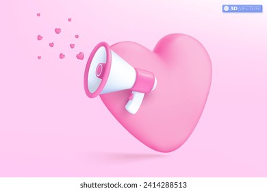 3d megaphone speaker and pink heart icon symbol. Valentine's Day, dating, loudspeaker, Cute 3d heart, Mother day, Love romantic concept. 3D vector isolated illustration, Cartoon pastel Minimal style.