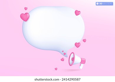 Altavoz megáfono 3d y símbolo de icono del corazón rosado. Día de San Valentín, citas, altavoces, corazón lindo, día de la madre, concepto romántico de amor. Ilustración aislada vectorial 3D, estilo Mínimo pastel de dibujos animados.