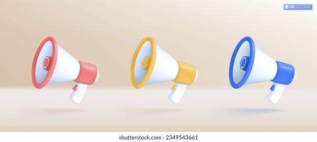 3d megaphone speaker set of multicolored icon symbol. loudspeaker bullhorn for announce discount promotion, sell reduced prices concept. 3D vector isolated illustration, Cartoon pastel Minimal style.