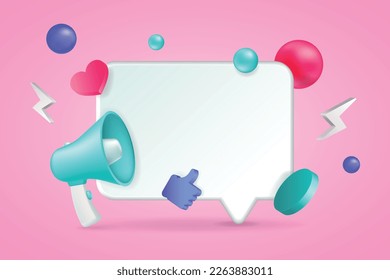 3d megaphone, speaker and speech message bubble, announce icon. Communicate by loudspeaker, voice speak alert news, attention symbol. Web banner template. Vector illustration render elements