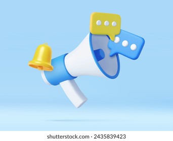 3D Megaphone with speech bubble and bell notification. Loudspeaker for announce promotion in social media and network. 3d rendering. Vector illustration