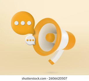 3D Megaphone with speech bubble icon isolated on yellow background. Marketing time concept. Online news with loudspeaker. Social media promotion. vector illustration