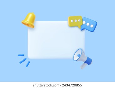 3D Megaphone with speech bubble message and Bell notification. News and loudspeaker. Subscribe and newsletter concept. Social media promotion and announce.3D Rendering. Vector illustration