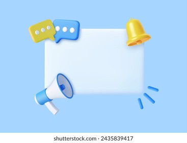 3D Megaphone with speech bubble message and Bell notification. News and loudspeaker. Subscribe and newsletter concept. Social media promotion and announce.3D Rendering. Vector illustration