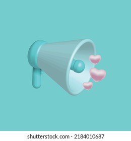 3d megaphone symbol with pink heart love signs. Marketing time concept, realistic loudspeaker by hand. Vector render illustration. Social media banner element