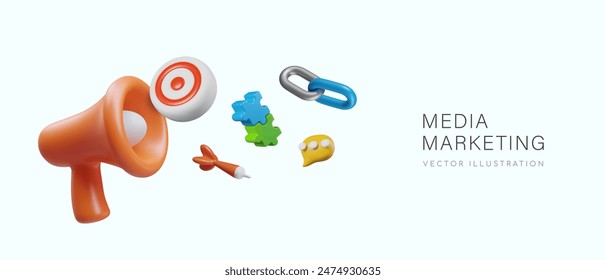 3D megaphone, target, dart needle, puzzles, chain links, message sign
