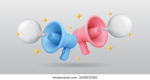 megafones 3d. Alto-falantes realistas com bolhas de fala. Conceito de comunicação com trompas de touros cor-de-rosa e azul, caixas de texto, estrelas. Conceito de publicidade vetorial.