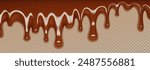 3d melt chocolate drip. Brown liquid syrup flow background. Dark candy cream sauce border. Realistic cacao line banner. Molten sweet run fluid dip. Horizontal caramel falling glaze texture design