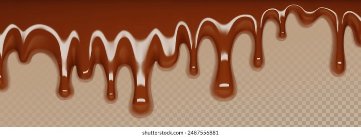 3d melt chocolate drip. Brown liquid syrup flow background. Dark candy cream sauce border. Realistic cacao line banner. Molten sweet run fluid dip. Horizontal caramel falling glaze texture design