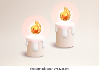 3d melted candles and flame lights. Illustration of two lit candles suitable for Christmas, ceremonial and ritual occasions