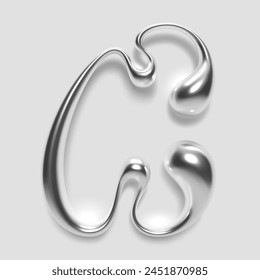 3D melted liquid metal letter C, English alphabet, with glossy reflective surface, abstract fluid droplet shape, silver chrome gradient. Isolated vector letter for modern Y2K font design