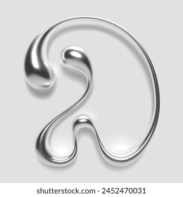 3D melted liquid metal letter D, English alphabet, with a glossy reflective surface, abstract fluid droplet shape, and silver chrome gradient. Isolated vector letter for modern Y2K typography design