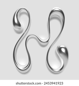 3D melted liquid metal letter H, English alphabet, with glossy reflective surface, abstract fluid droplet shape, silver or chrome gradient. Isolated vector letter for Y2K design font