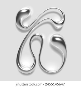 3D melted liquid metal letter K, English alphabet, with glossy reflective surface, abstract fluid droplet shape, silver chrome gradient. Isolated vector letter for modern Y2K font design