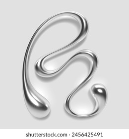 3D melted liquid metal letter R, English alphabet, with glossy reflective surface, abstract fluid droplet shape, silver chrome gradient. Isolated vector letter for modern Y2K font design