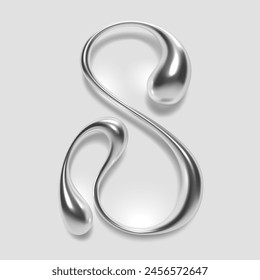 3D melted liquid metal letter S, English alphabet, with a glossy reflective surface, abstract fluid droplet shape, and silver chrome gradient. Isolated vector letter for modern Y2K typography design