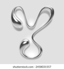 3D melted liquid metal letter Y, English alphabet, with glossy reflective surface, abstract fluid droplet shape, silver chrome gradient. Isolated vector letter for modern Y2K font design