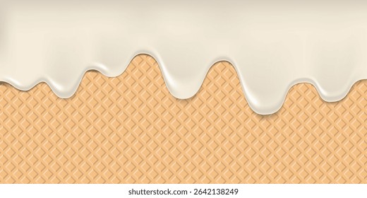 3d melting vanilla ice cream on wafer background. Flowing vanilla cream on wafer. Melted milk ice cream dropping on ice cream cone texture background. Vector illustration