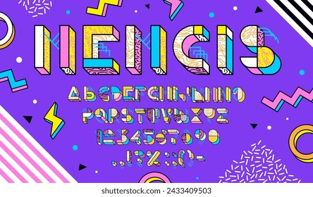 3d memphis abstract font, block type, geometric typeface, traditional english alphabet. Colorful three-dimensional abc typography characters, letters, numbers and symbols in contemporary graphic style