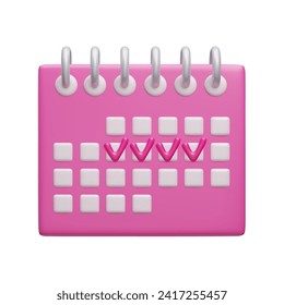 3D menstrual calendar vector illustration. Cute cartoon style pink menstruation tracker 3D render. Women's intimate hygiene healthcare, pregnancy birth planning, fertility calendar.