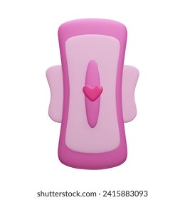 3D menstrual pad isolated on white. Intimate hygiene, women's healthcare. Pink 3d sanitary napkin towel, absorbing tampon pad with cute lovely heart cartoon style render vector illustration.