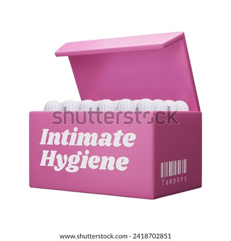 3D menstrual tampon packaging vector illustration. Women's intimate hygiene product, feminine healthcare. Cute pink sanitary tampon open box isolated on white 3D render. Menstruation periods products.