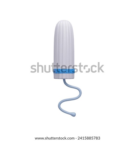 3D menstrual tampon vector illustration. Cute cartoon style 3D feminine intimate hygiene product. White cotton sanitary tampon with blue extra absorbing line realistic render. Women's healthcare.