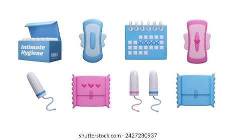 3D menstruation products bundle. Cute cartoon style pink and blue 3D menstrual tampons, sanitary pad, menstrual calendar ovulation tracker isolated on white. Intimate hygiene 3D render vector icon set