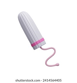 3D menstruation tampon isolated on white. Woman intimate hygiene, health care product. Feminine periods menstruation goods. Cute 3D cotton tampon with pink absorbing line vector render.