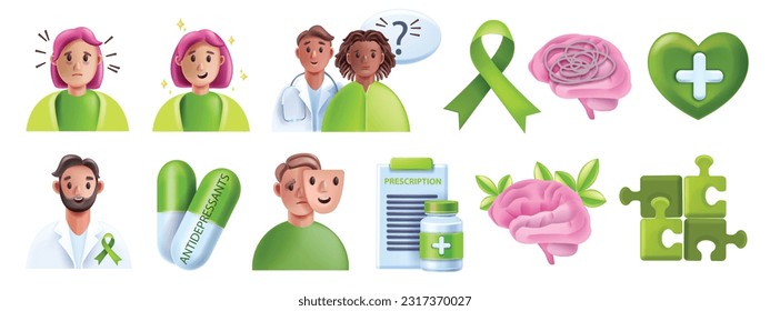 3D mental health icon set, medical psychiatrist vector illustration, tired bipolar patient, brain. Psychologist personal consultation, antidepressant support pills, prescription remedy. Mental health