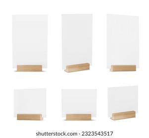 3d menu paper card stand holder for table mockup isolated. Blank a5 frame display branding design for dinner label in restaurant or cafe set. Empty vertical business promotion on wooden podium object