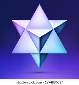 3d Merkaba, esoteric crystal, sacral geometry shape, volume star on dark background, mesh form, abstract vector object