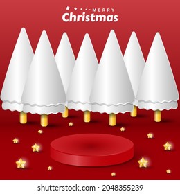 3d merry christmas banner with modern white tree and podium for product display