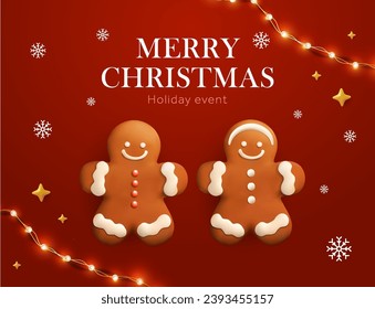 3d Merry Christmas banner template with couple of cute gingerbread man and woman, isolated on red background. Xmas Gift card idea. Noel newsletter concept. 3d Vector illustration