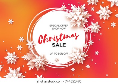 3D Merry Christmas Big Sale for Promotion. 50 . Buy now. Paper cut Snowflakes banner. Origami Decorations. Snowy winter season. Happy New Year. Circle Frame. Text. Snowfall. Red . Vector