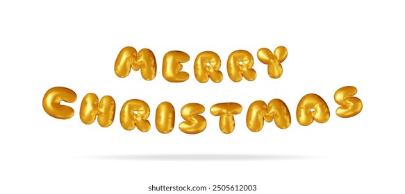 3D Merry Christmas colorful text in gold bright balloon. Render word, x mas text. Greeting card, festive poster, party invitations. New year. Vector illustration