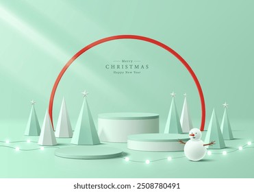 3D merry Christmas green podium with Snowman, neon ball, circle frame background. Abstract composition minimalist design. Studio display showroom product pedestal, Fashion stage showcase mockup scene.