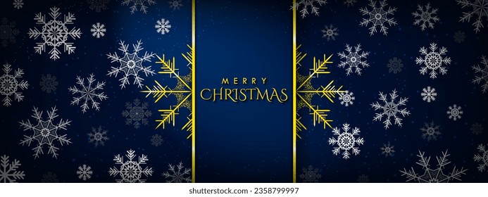 3D Merry Christmas Greeting Card Banner. Gold Snowflake and merry christmas text with floating 3d snowflakes on dark blue background. Vector Illustration. EPS 10.