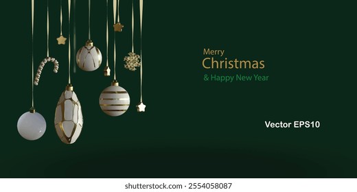 3D Merry christmas greeting card vector design. Christmas hanging glitter balls, candy cane, ornaments and gold elements decoration in elegant 