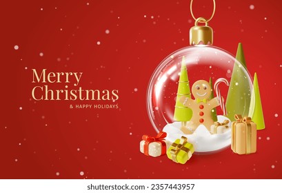3d Merry Christmas and Happy Holidays Placard Poster Banner Card Template with Glass Ball Transparent inside Snow and Gingerbread Man Cartoon Style. Vector illustration